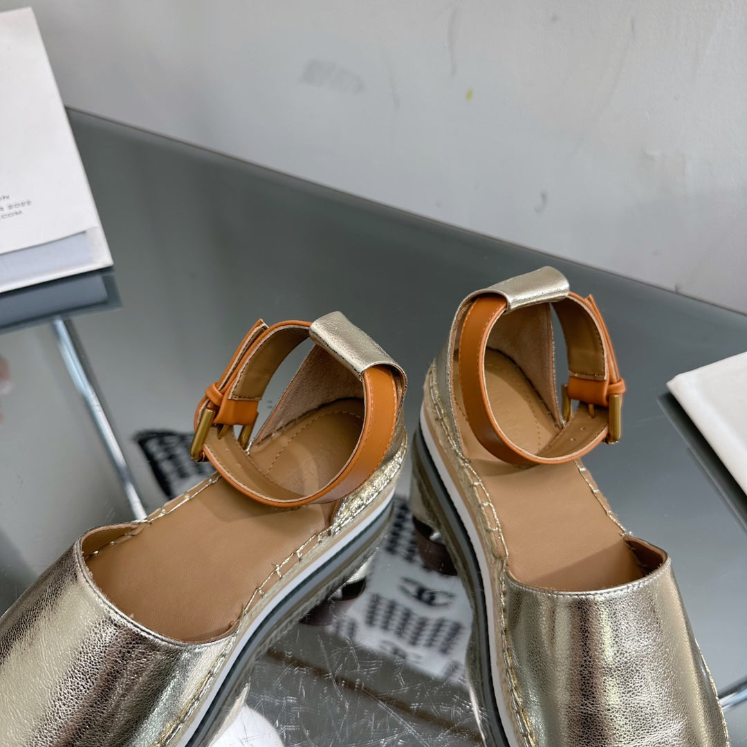 SEE BY ESPADRILLES SANDAL IN LIGHT GOLD CALFSKIN AND WOVEN RAFFIA