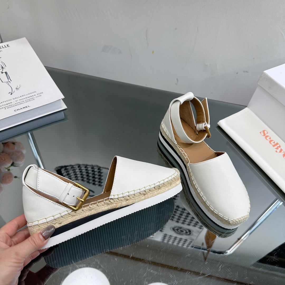 SEE BY ESPADRILLES SANDAL IN WHITE CALFSKIN AND WOVEN RAFFIA