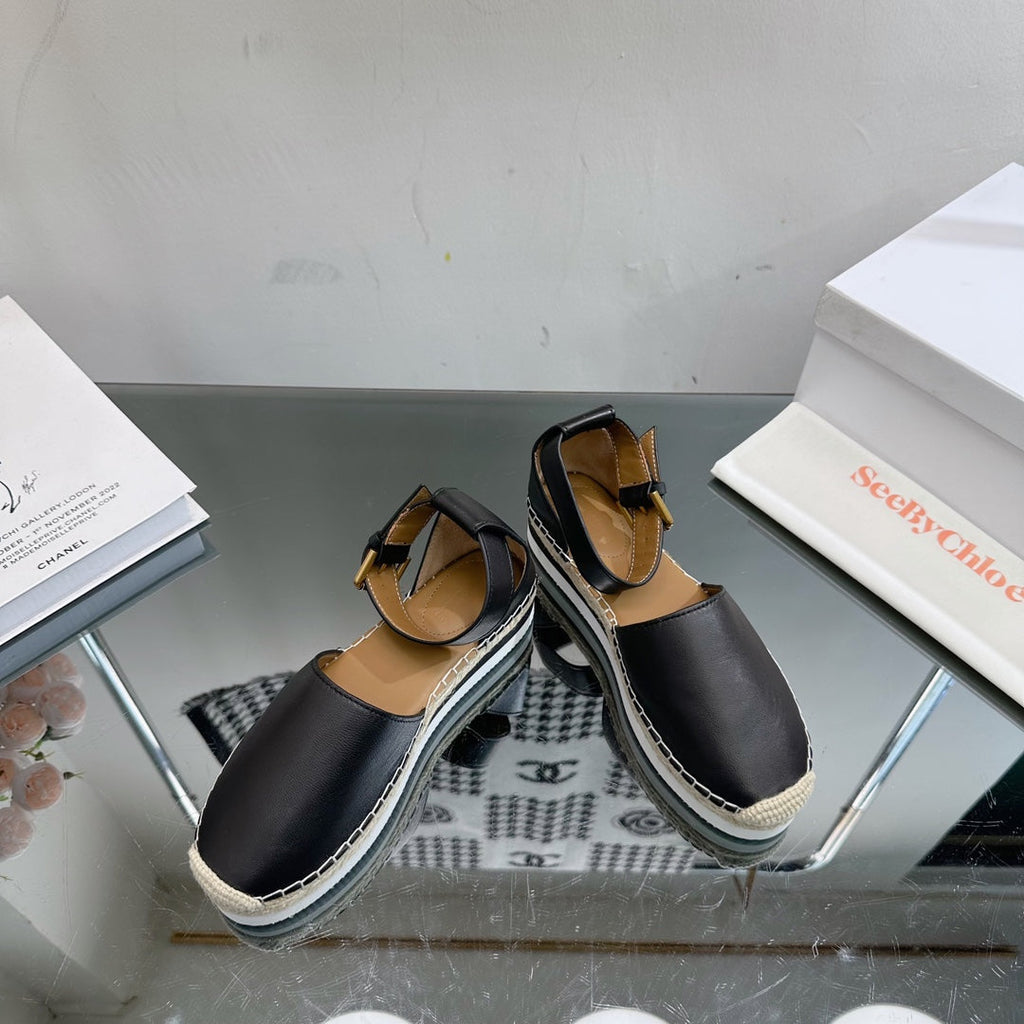 SEE BY ESPADRILLES SANDAL IN BLACK CALFSKIN AND WOVEN RAFFIA