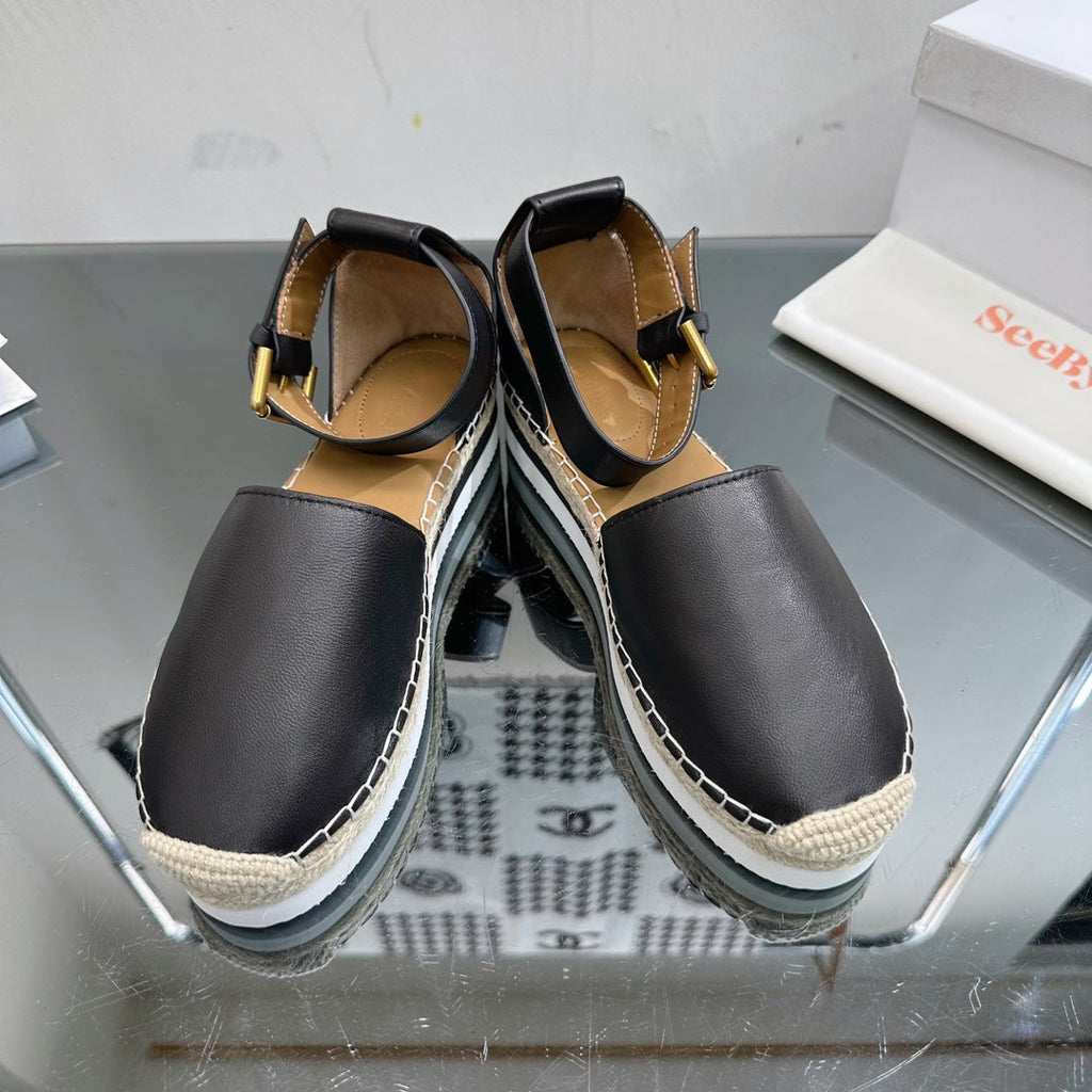 SEE BY ESPADRILLES SANDAL IN BLACK CALFSKIN AND WOVEN RAFFIA