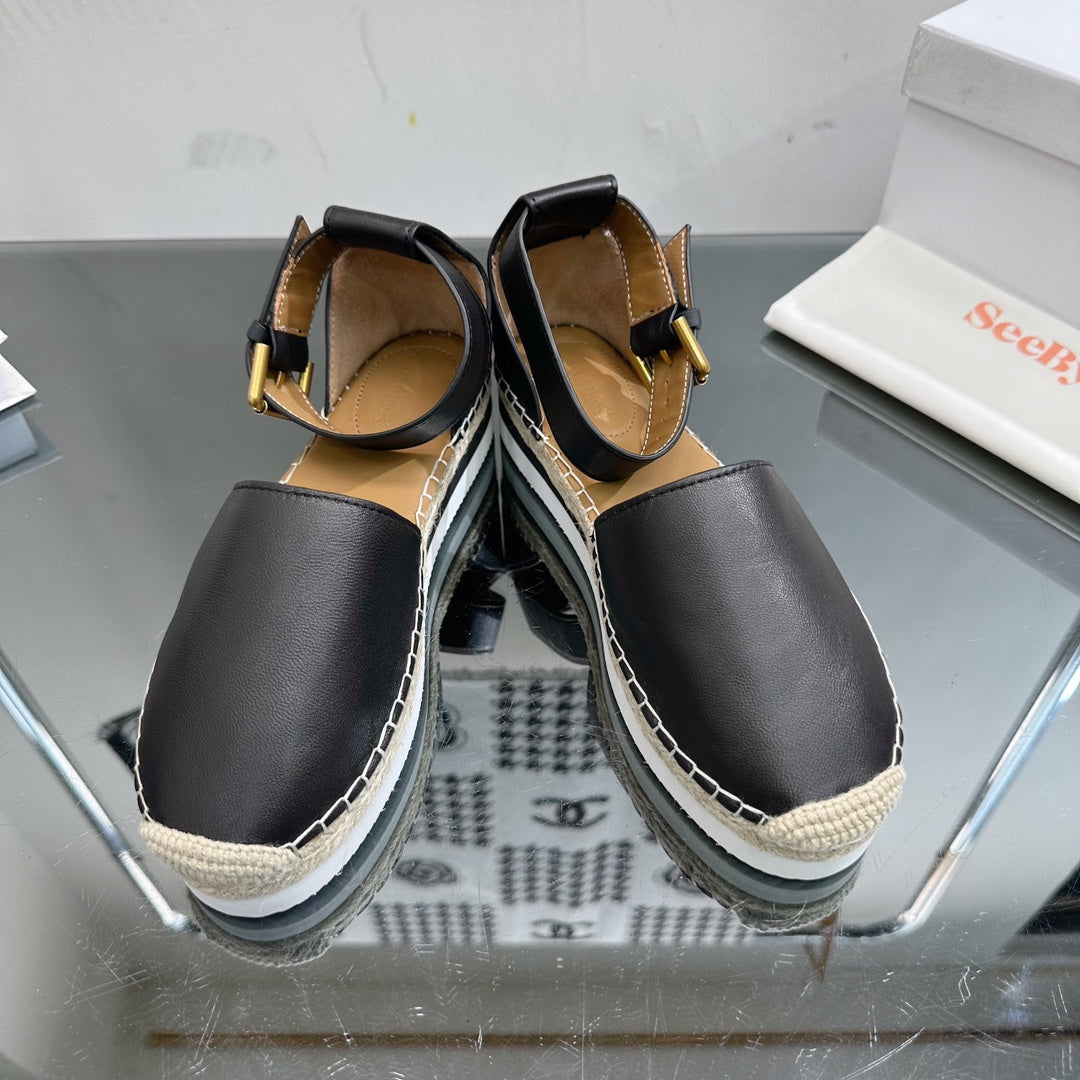 SEE BY ESPADRILLES SANDAL IN BLACK CALFSKIN AND WOVEN RAFFIA