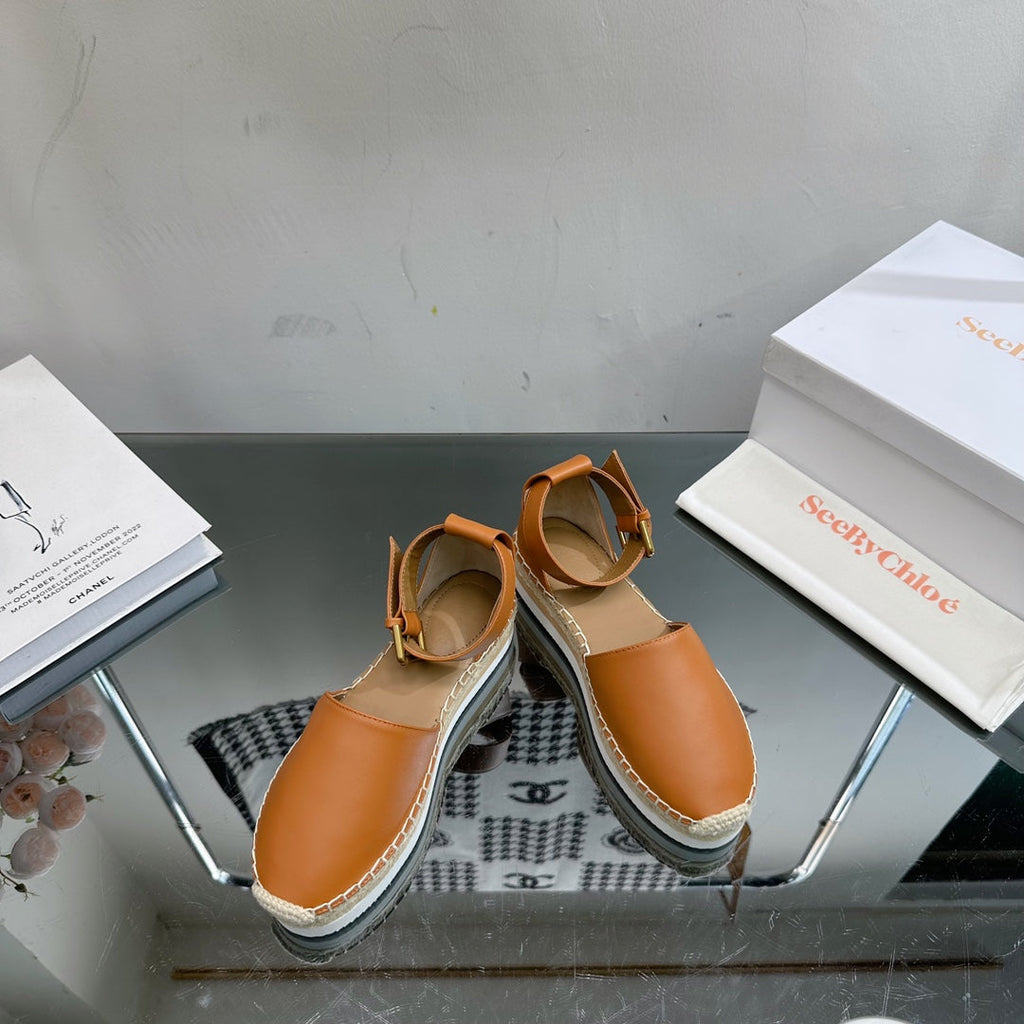 SEE BY CHLOÉ ESPADRILLES SANDAL IN COPPER BROWN CALFSKIN AND WOVEN RAFFIA