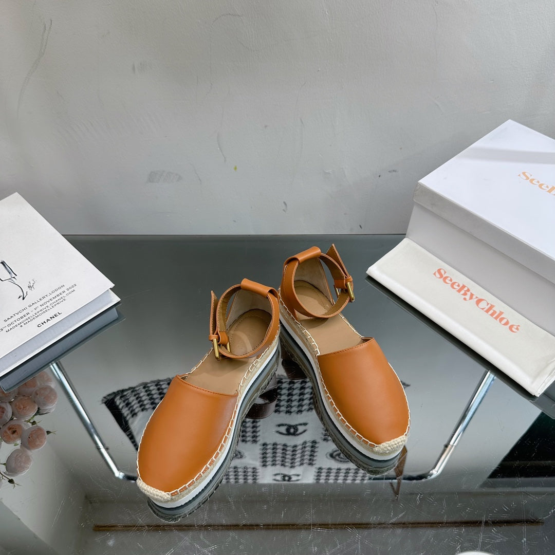 SEE BY CHLOÉ ESPADRILLES SANDAL IN COPPER BROWN CALFSKIN AND WOVEN RAFFIA