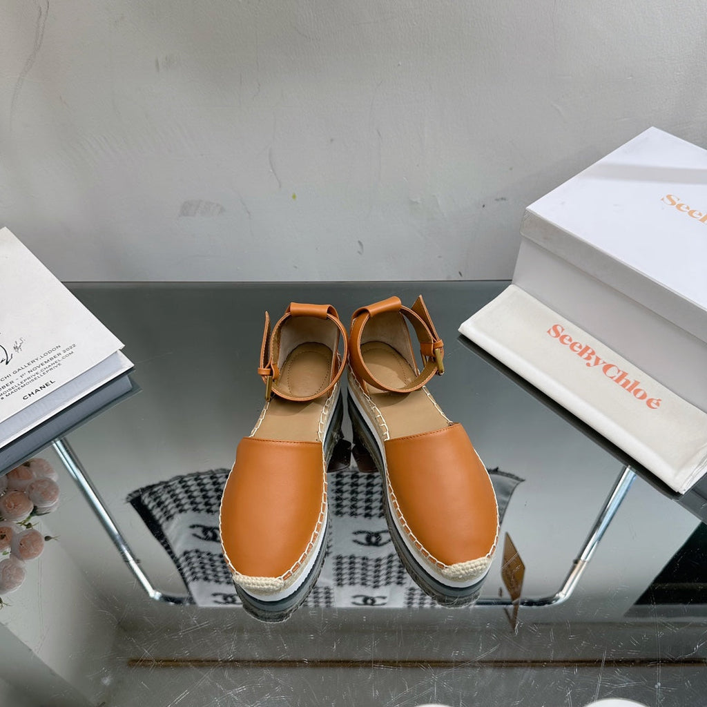 SEE BY ESPADRILLES SANDAL IN COPPER BROWN CALFSKIN AND WOVEN RAFFIA