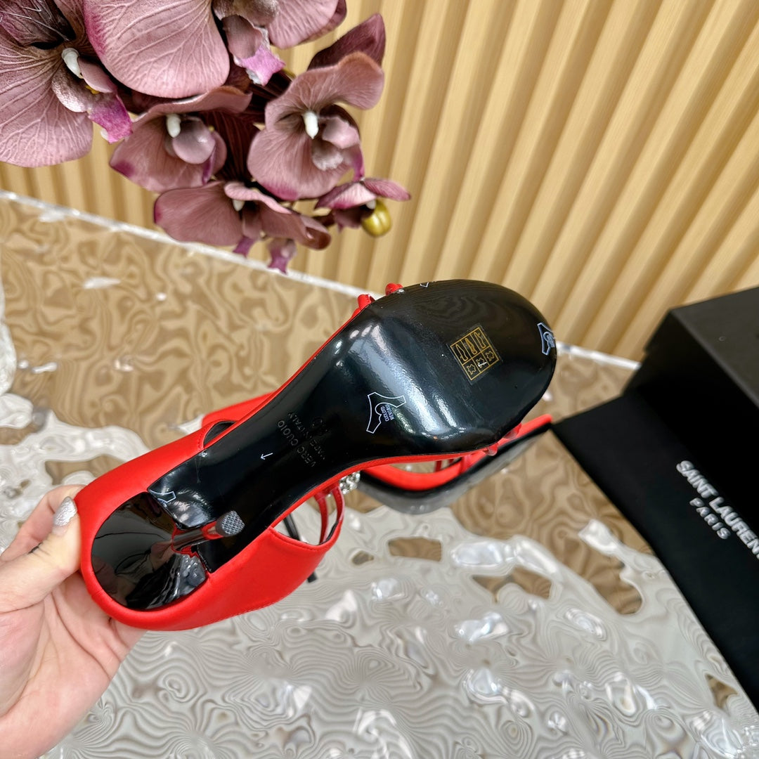 SL POM CIRCLE CRYSTAL HEELED SANDALS RED SATIN