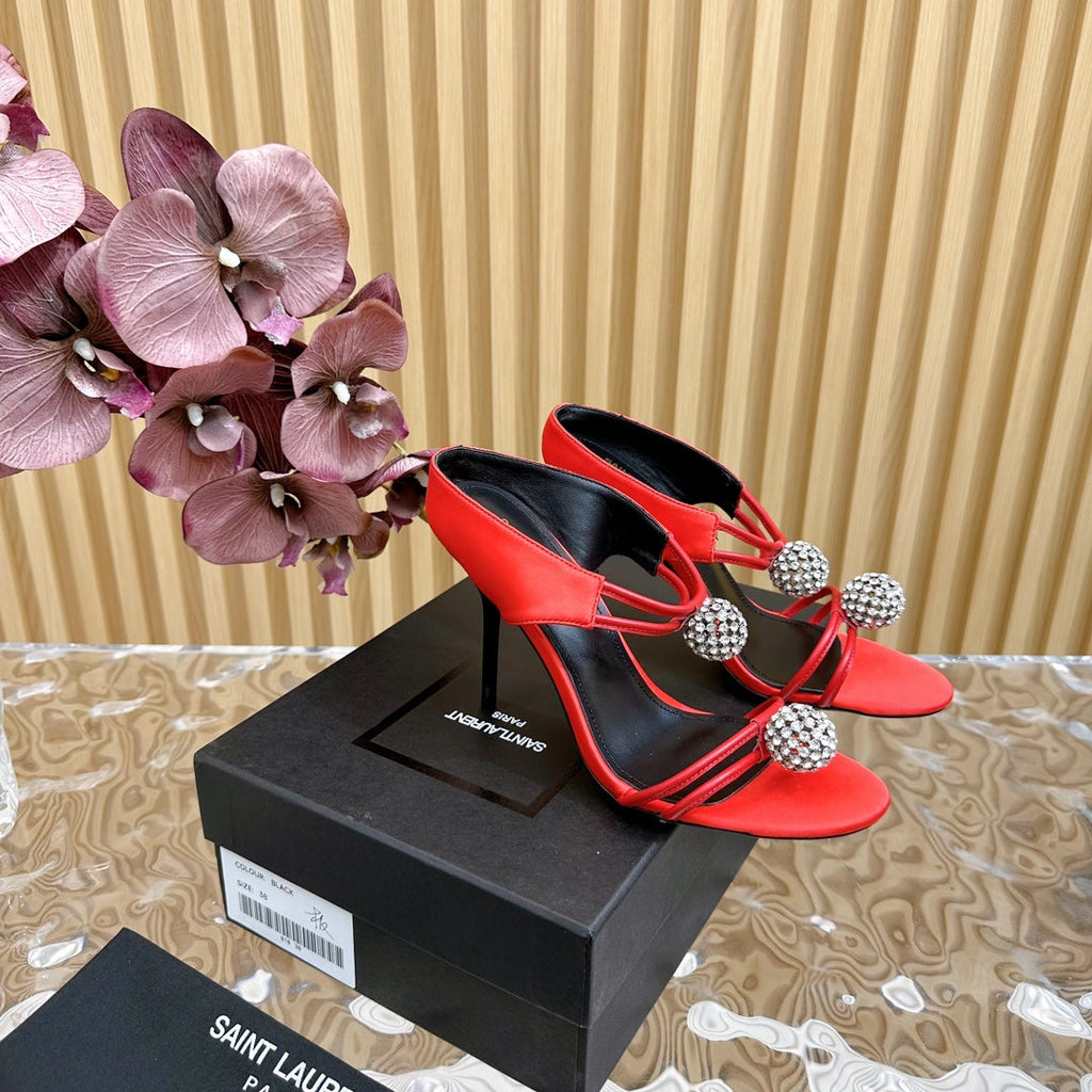 SL POM CIRCLE CRYSTAL HEELED SANDALS RED SATIN
