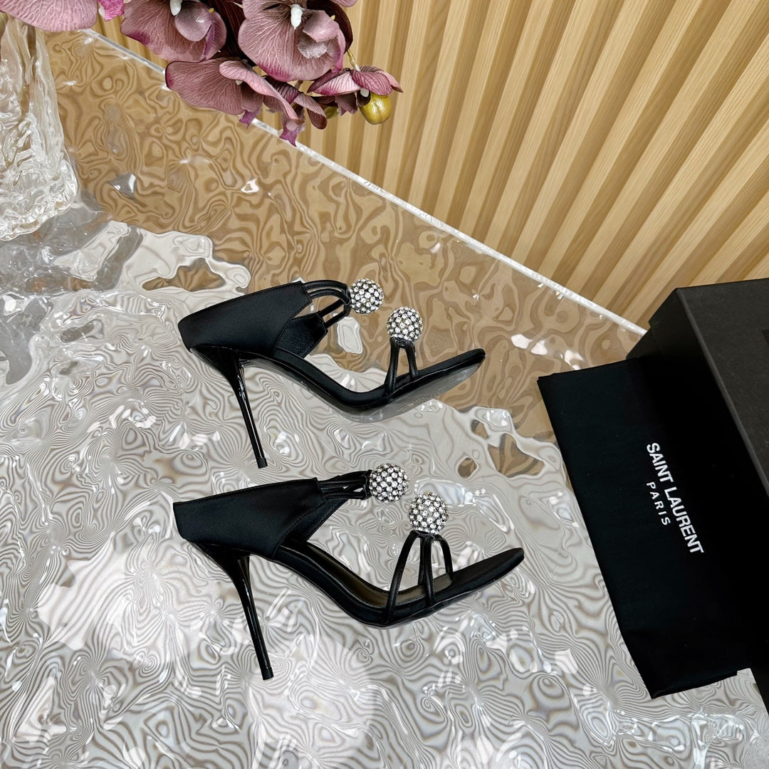 SL POM CIRCLE CRYSTAL HEELED SANDALS BLACK SATIN