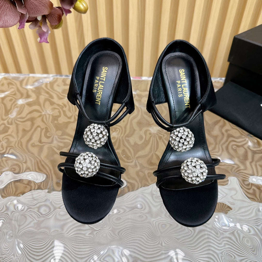 SL POM CIRCLE CRYSTAL HEELED SANDALS BLACK SATIN