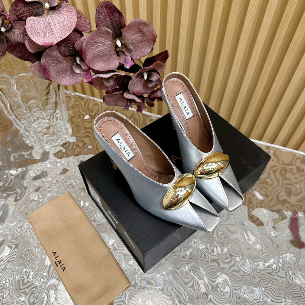 ALAIA AZZEDINE HIGH HEELS IN SILVER CALFSKIN WITH GOLD HARDWARE