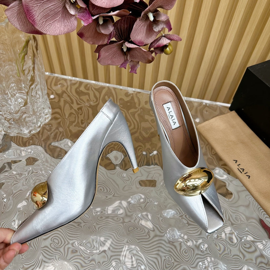 ALAIA AZZEDINE HIGH HEELS IN SILVER CALFSKIN WITH GOLD HARDWARE