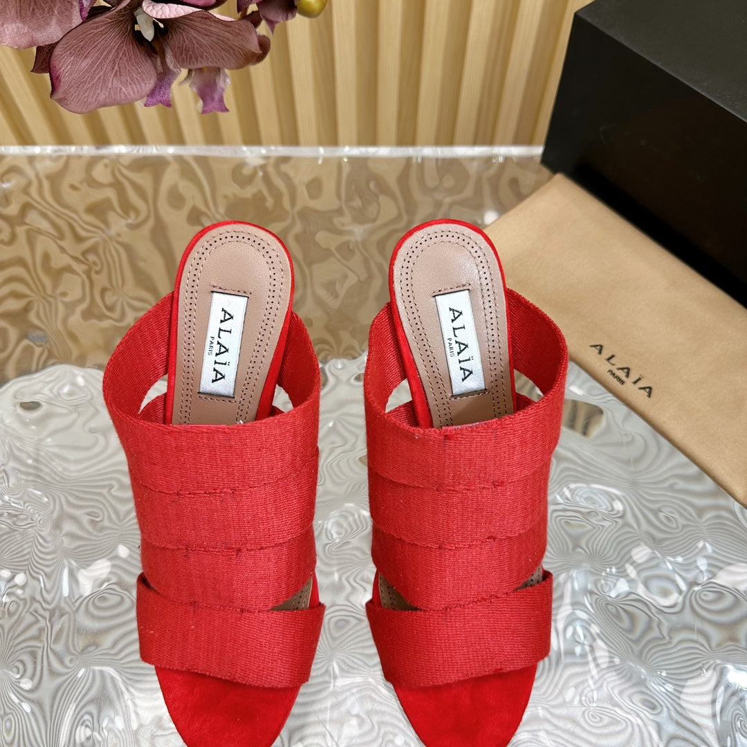 ALAIA ELASTIC CAGE MULE SANDALS IN CHERRY RED WOVEN STRAP AND LAMBSKIN