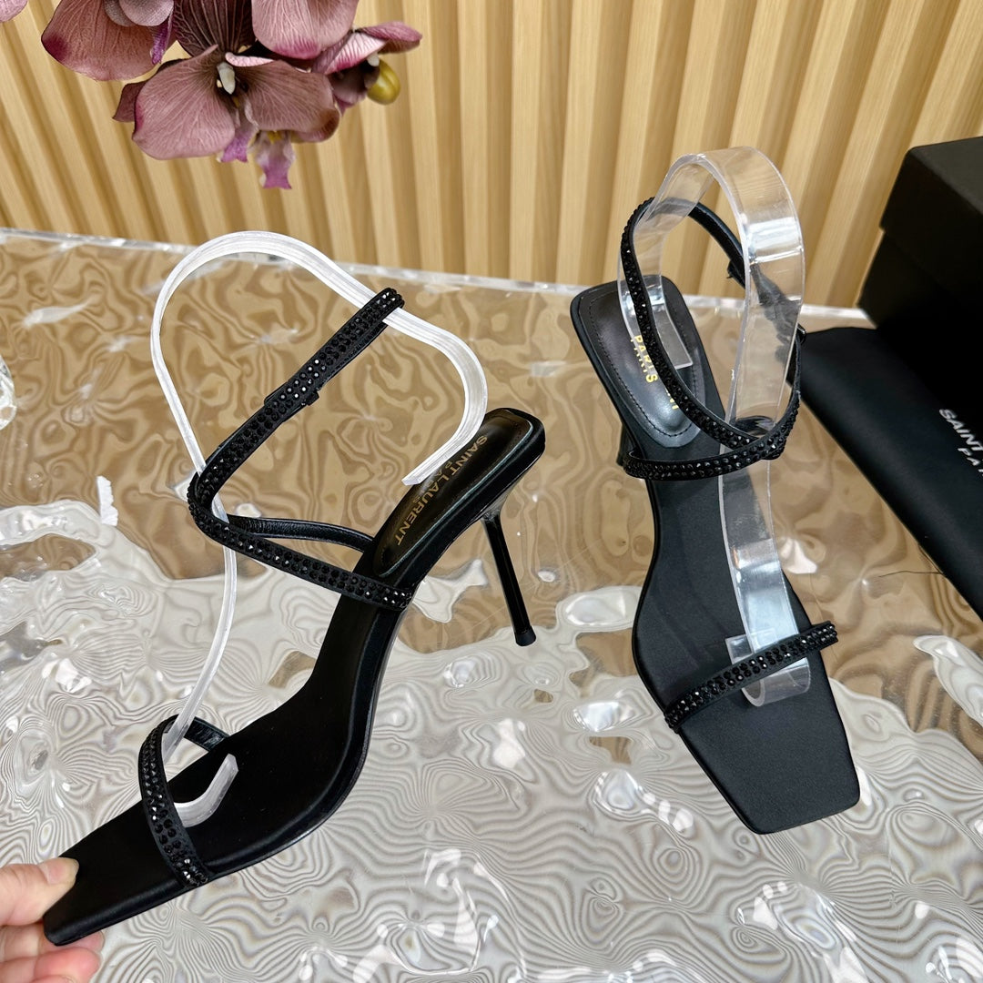 SL STRAP CRYSTAL HIGH SANDAL BLACK SATIN