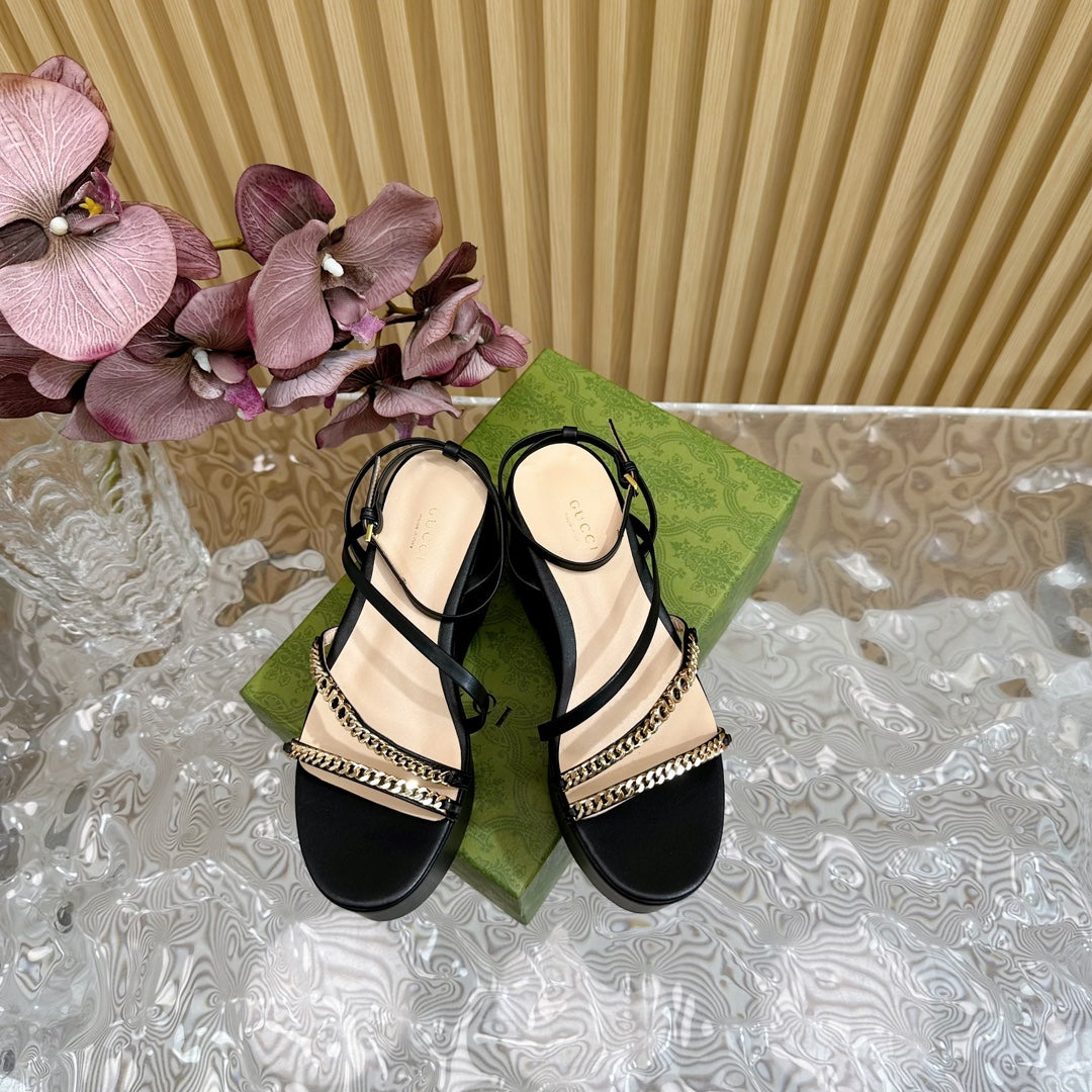 GG PLATFORM SANDAL BLACK CALFSKIN WITH CHAINS