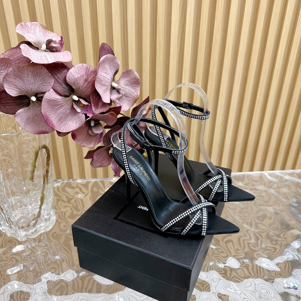 SL ONE-STRAP RHINESTONE BLACK SATIN