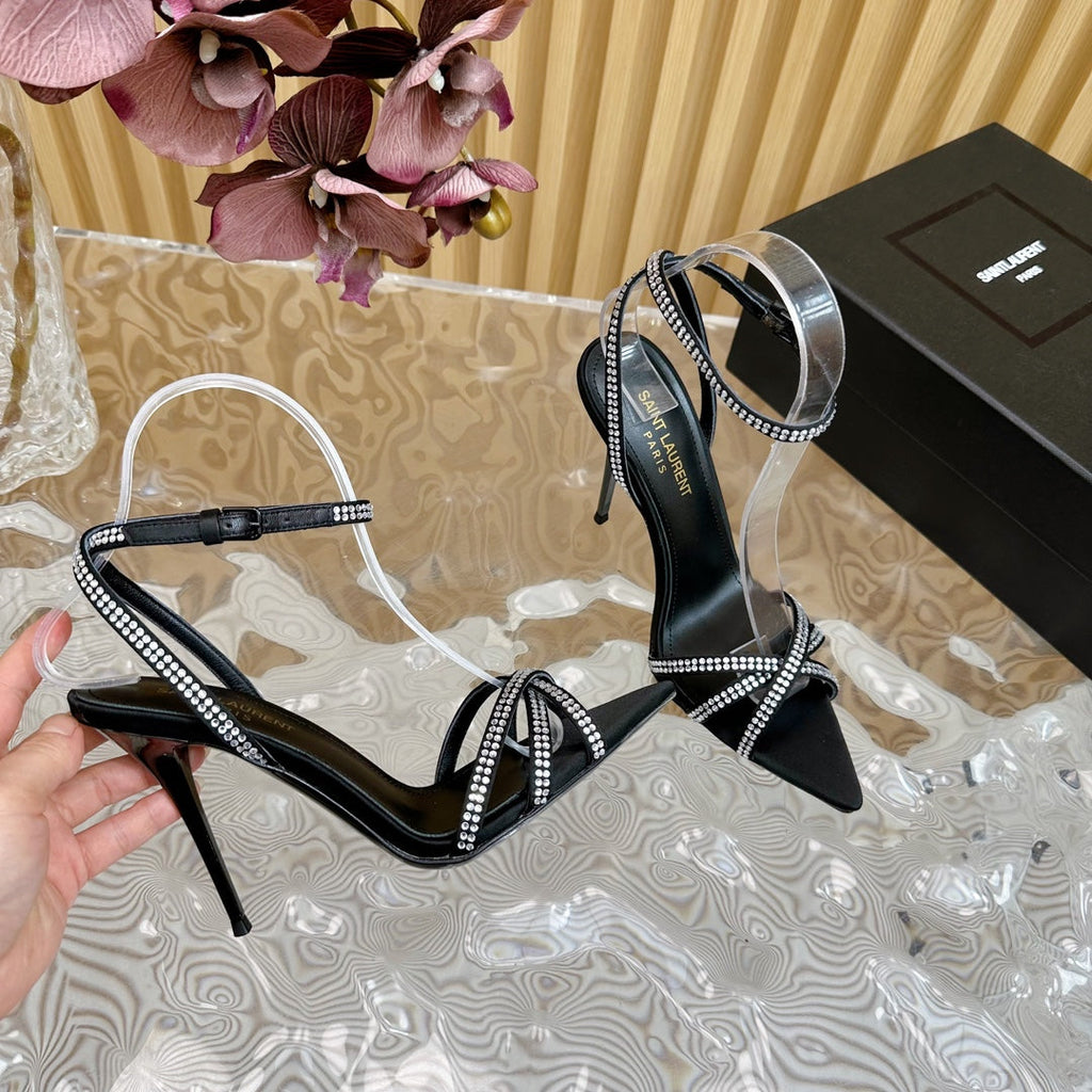 SL ONE-STRAP RHINESTONE BLACK SATIN