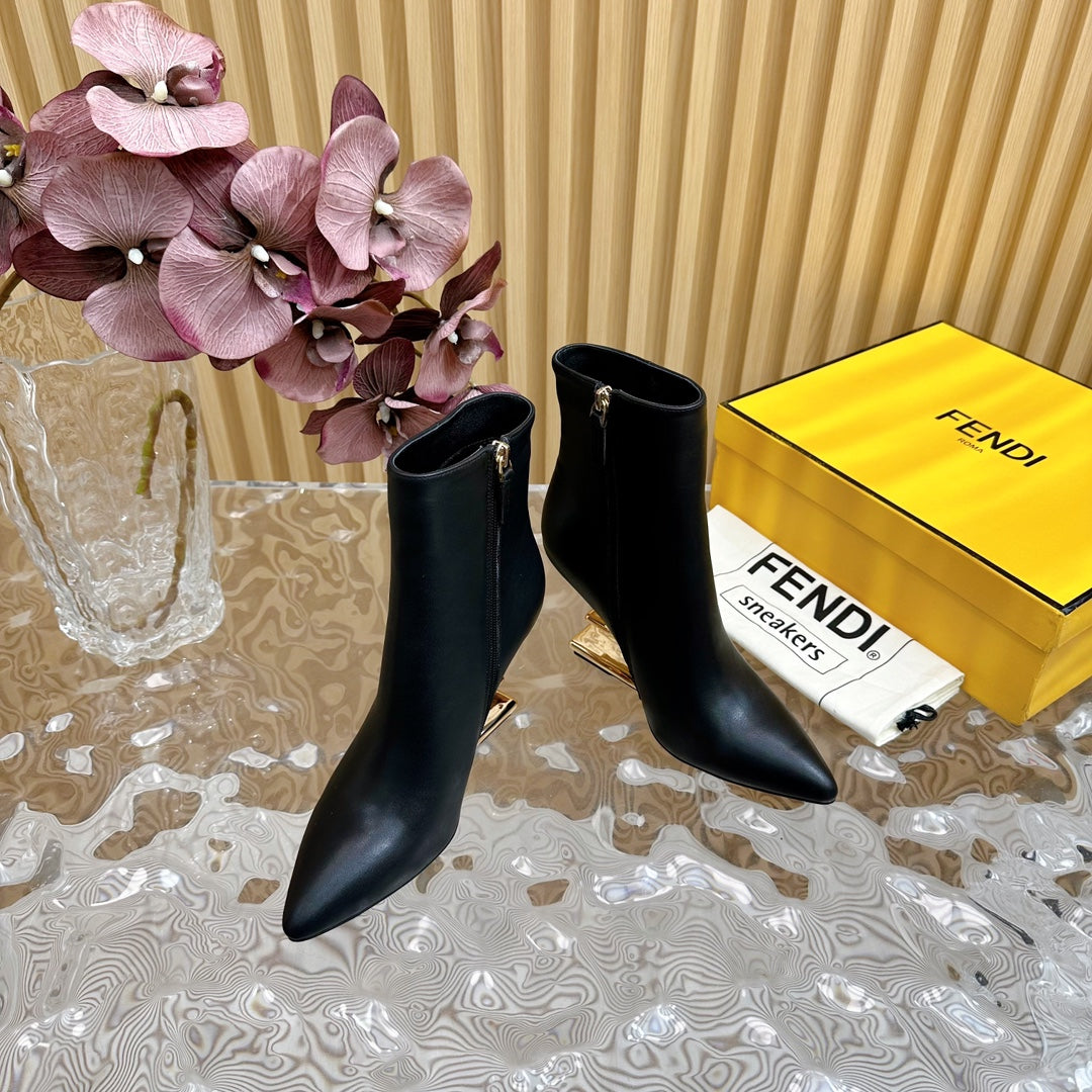 FENDI FIRST 80 MM BOOTS IN BLACK CALFSKIN WITH GOLD HARDWARE
