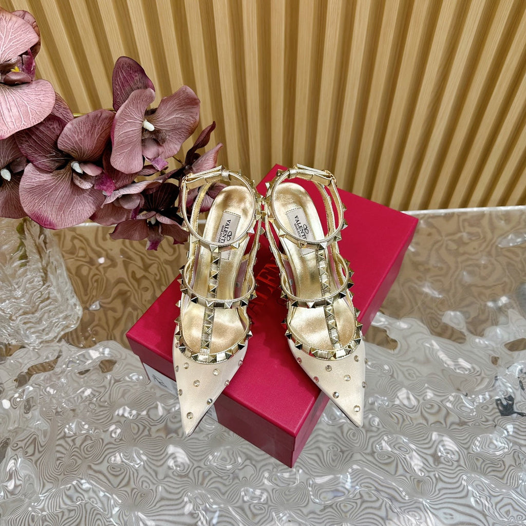ROCKSTUD MIRROR-EFFECT PUMP WITH MATCHING STRAPS AND STUDS 95 MM GOLD CALFSKIN  AND MESH