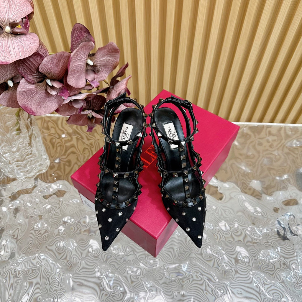 ROCKSTUD MIRROR-EFFECT PUMP WITH MATCHING STRAPS AND STUDS 95 MM BLACK CALFSKIN  AND MESH