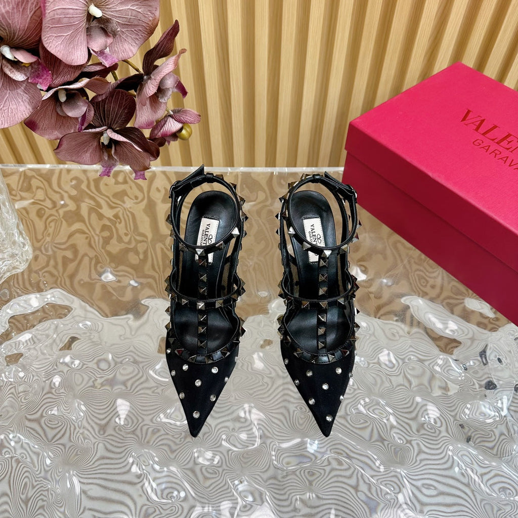 ROCKSTUD MIRROR-EFFECT PUMP WITH MATCHING STRAPS AND STUDS 95 MM BLACK CALFSKIN  AND MESH