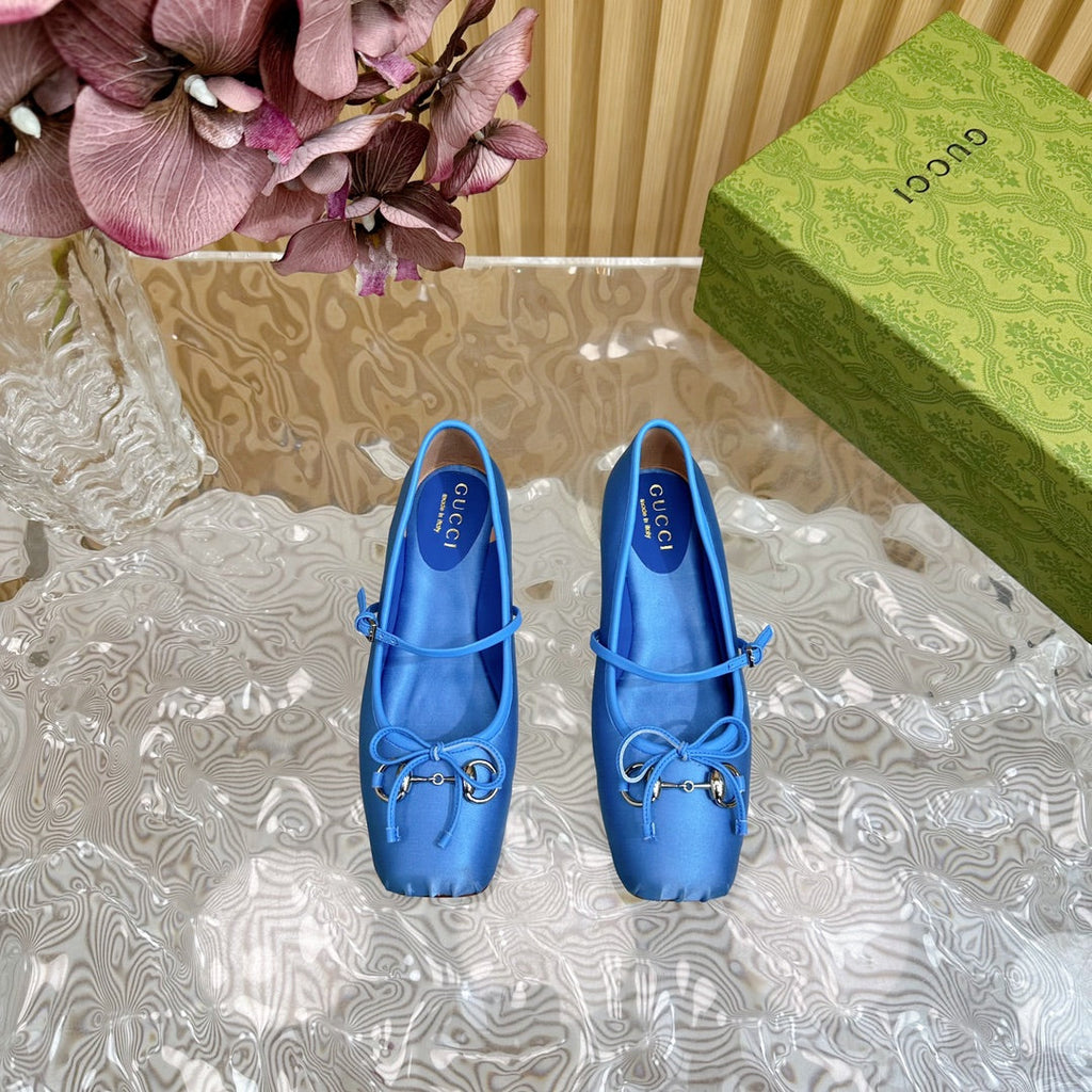 BALLET FLAT IN COBALT BLUE SILK WITH SILVER HARDWARE