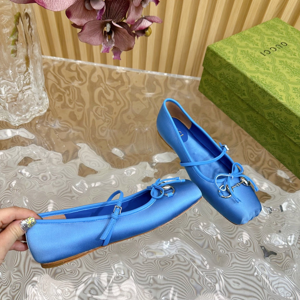 BALLET FLAT IN COBALT BLUE SILK WITH SILVER HARDWARE