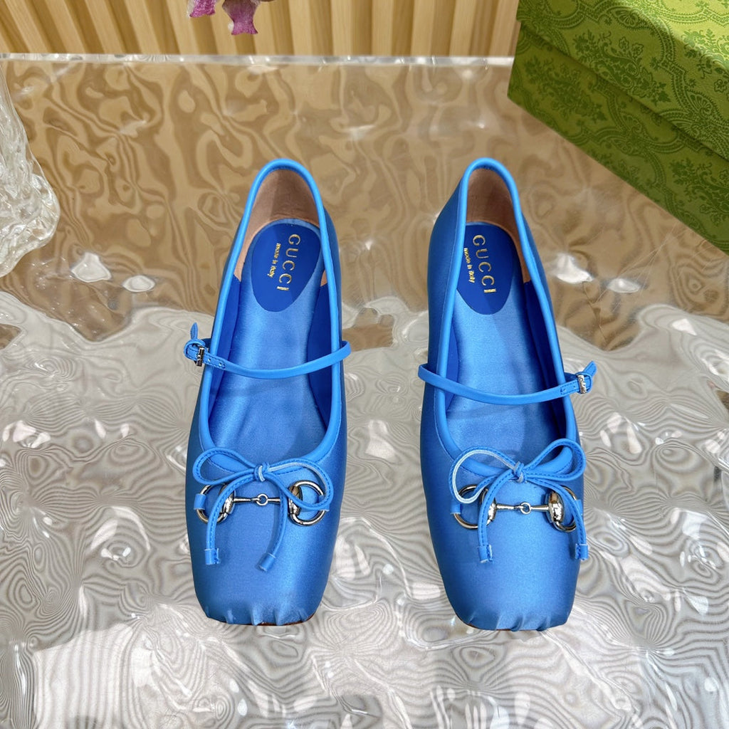 BALLET FLAT IN COBALT BLUE SILK WITH SILVER HARDWARE