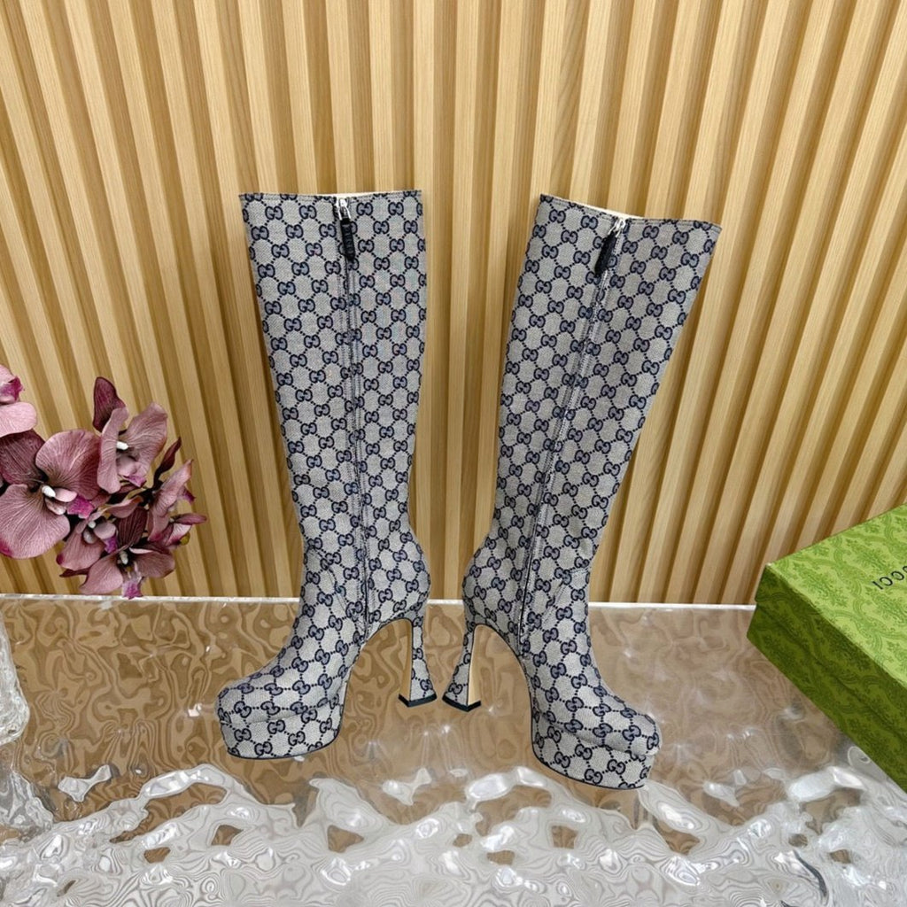 PLATFORM KNEE BOOTS IN LIGHT GRAY MONOGRAM CANVAS AND SHEEPSKIN LINING