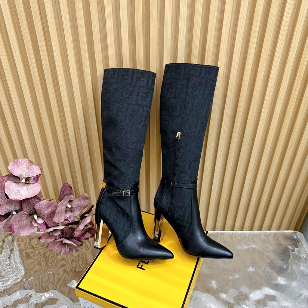 FF BOOTIES HIGH BOOTS IN BLACK CALFSKIN AND MONOGRAM FF FABRIC