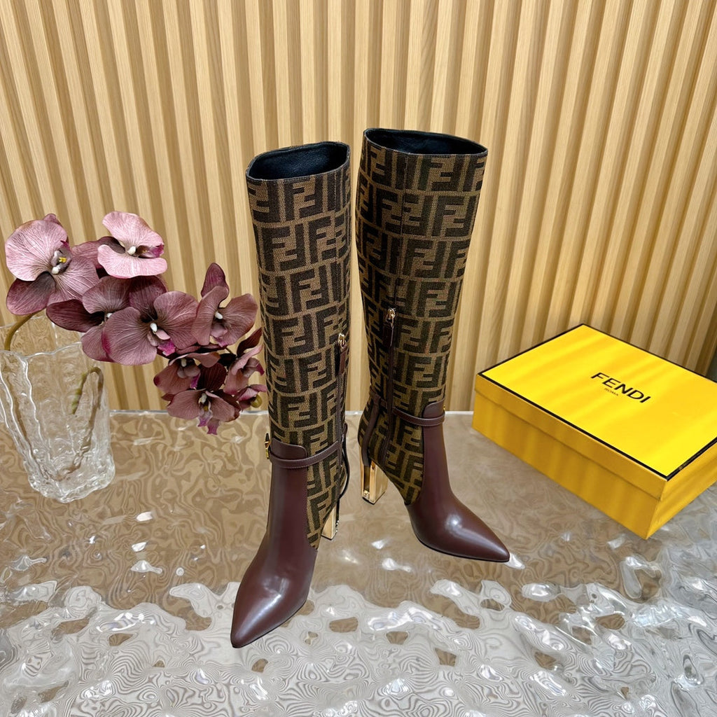 FF BOOTIES HIGH BOOTS IN SANGRIA CALFSKIN AND MEDIUM BROWN MONOGRAM FF FABRIC