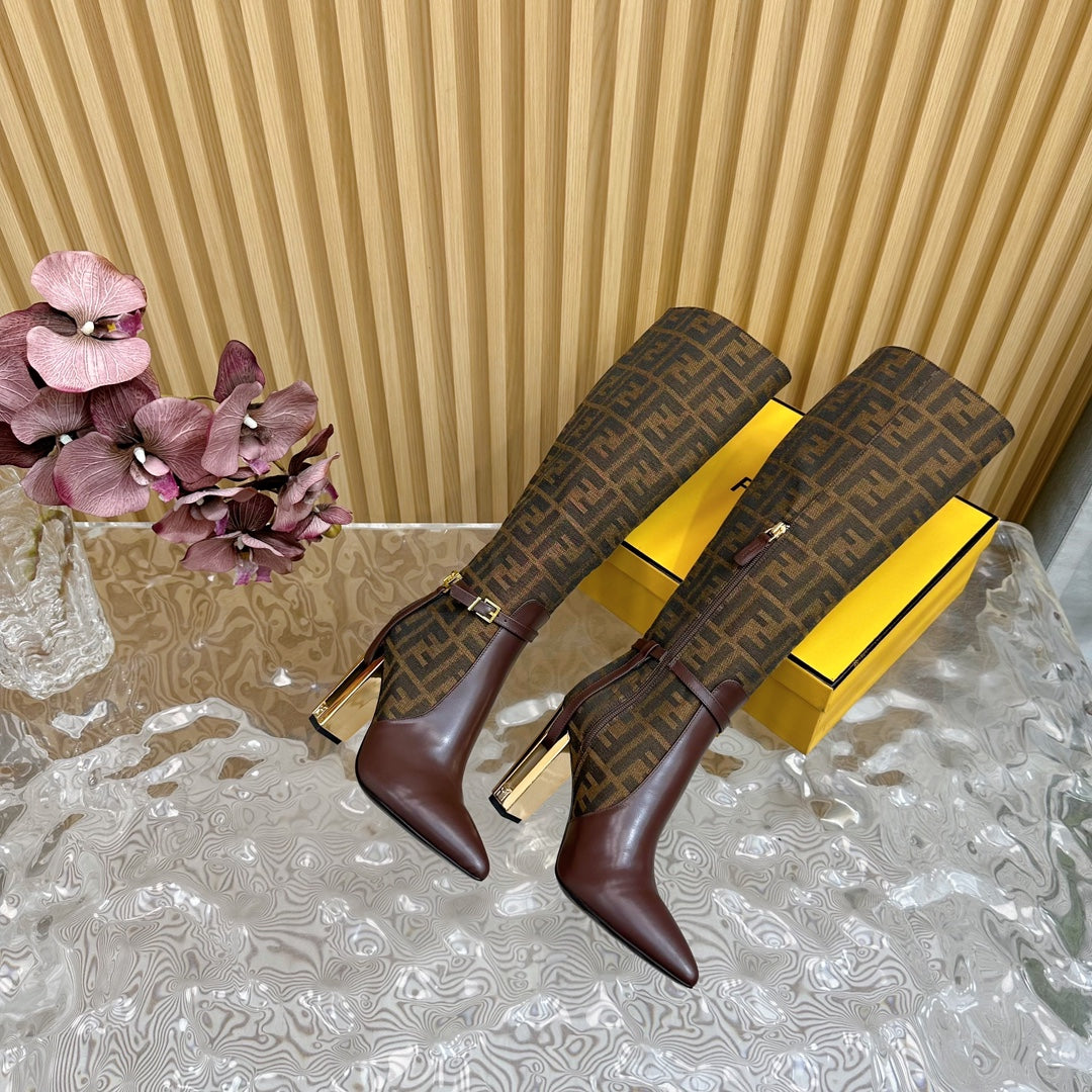 FF BOOTIES HIGH BOOTS IN SANGRIA CALFSKIN AND MEDIUM BROWN MONOGRAM FF FABRIC