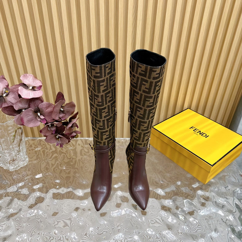 FF BOOTIES HIGH BOOTS IN SANGRIA CALFSKIN AND MEDIUM BROWN MONOGRAM FF FABRIC