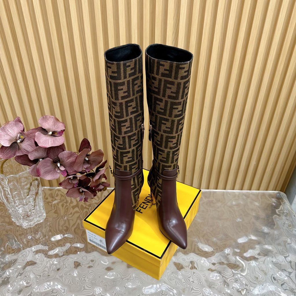 FF BOOTIES HIGH BOOTS IN SANGRIA CALFSKIN AND MEDIUM BROWN MONOGRAM FF FABRIC