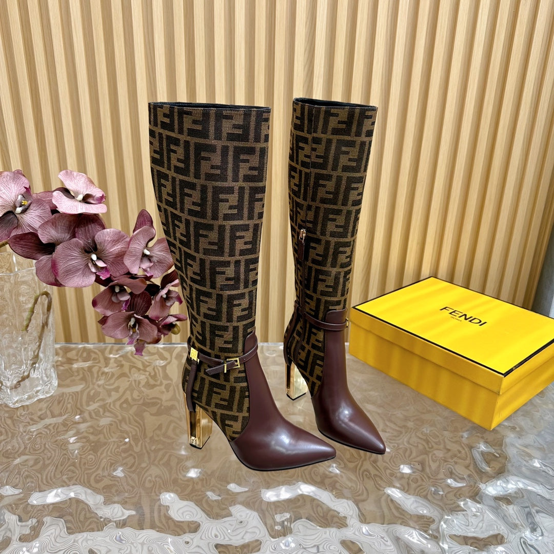 FF BOOTIES HIGH BOOTS IN SANGRIA CALFSKIN AND MEDIUM BROWN MONOGRAM FF FABRIC
