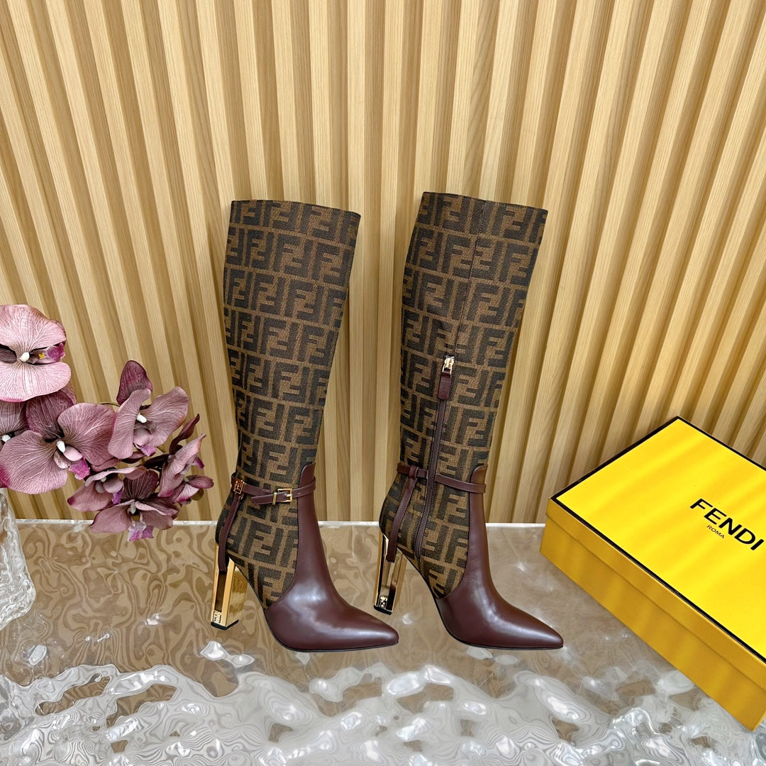 FF BOOTIES HIGH BOOTS IN SANGRIA CALFSKIN AND MEDIUM BROWN MONOGRAM FF FABRIC