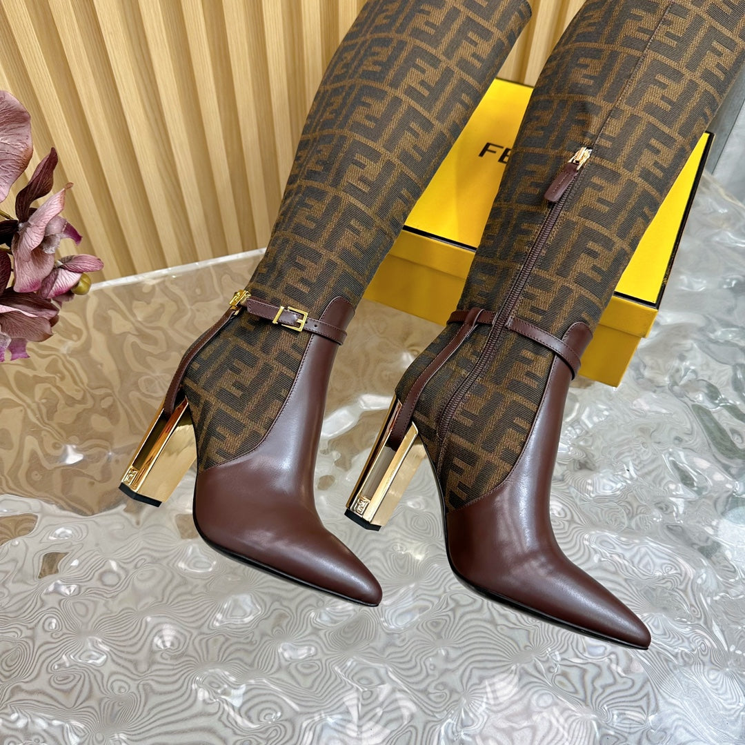 FF BOOTIES HIGH BOOTS IN SANGRIA CALFSKIN AND MEDIUM BROWN MONOGRAM FF FABRIC