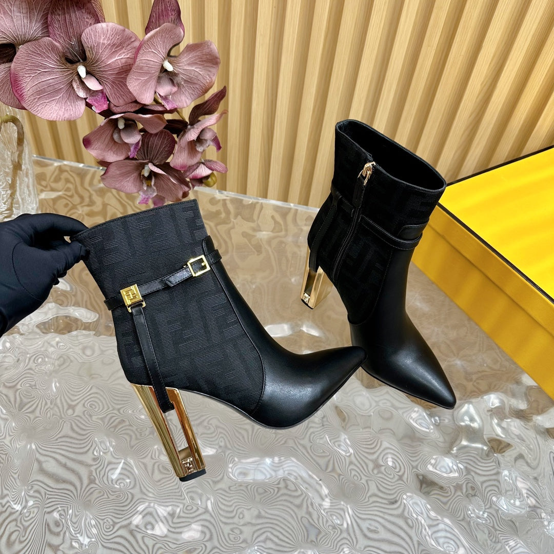 FF BOOTIES BOOTS IN BLACK CALFSKIN AND MONOGRAM FF FABRIC