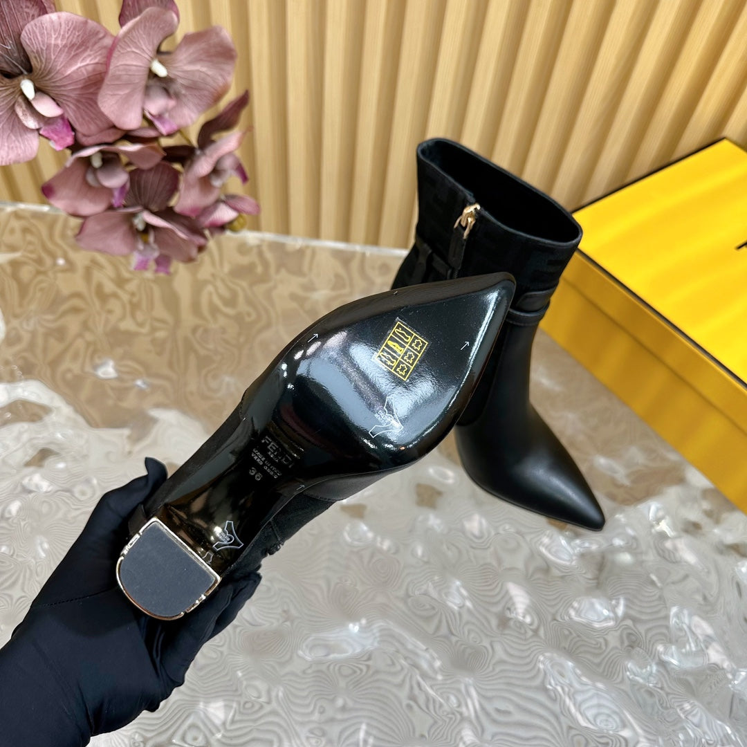 FF BOOTIES BOOTS IN BLACK CALFSKIN AND MONOGRAM FF FABRIC