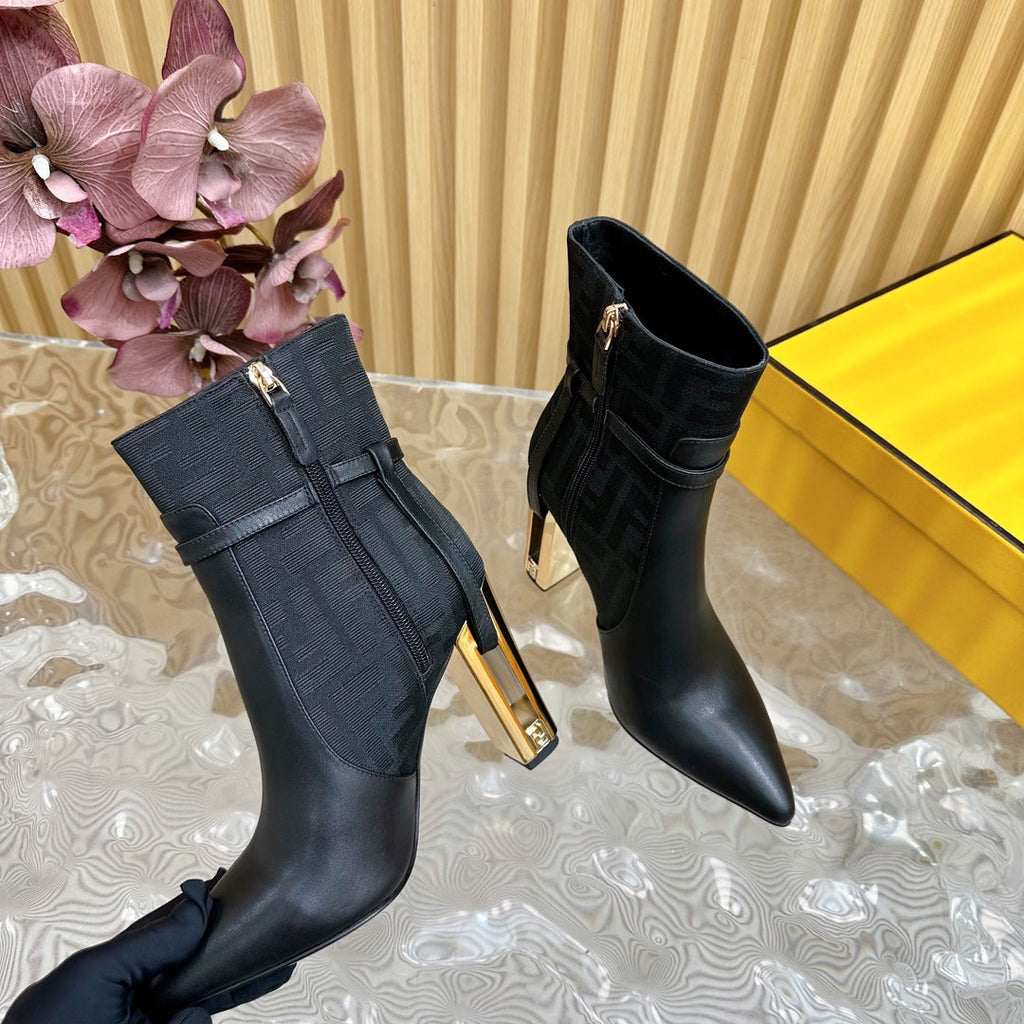 FF BOOTIES BOOTS IN BLACK CALFSKIN AND MONOGRAM FF FABRIC