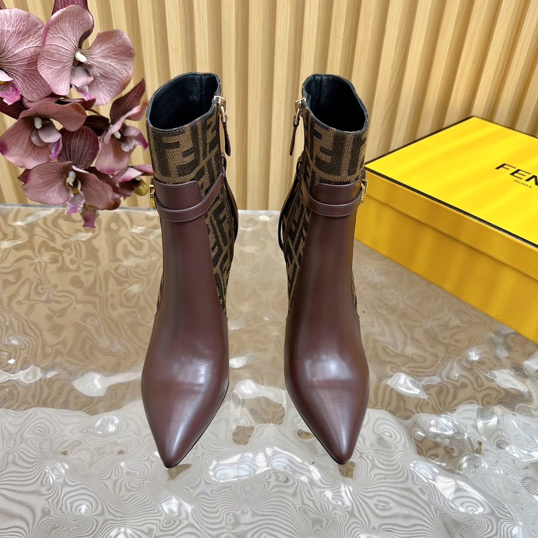 FF BOOTIES BOOTS IN SANGRIA CALFSKIN AND MONOGRAM FF FABRIC