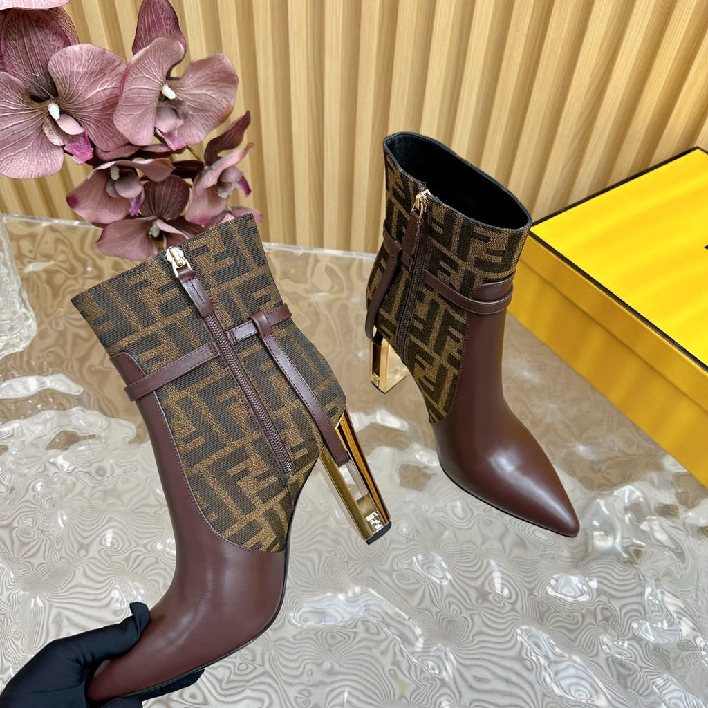 FF BOOTIES BOOTS IN SANGRIA CALFSKIN AND MONOGRAM FF FABRIC