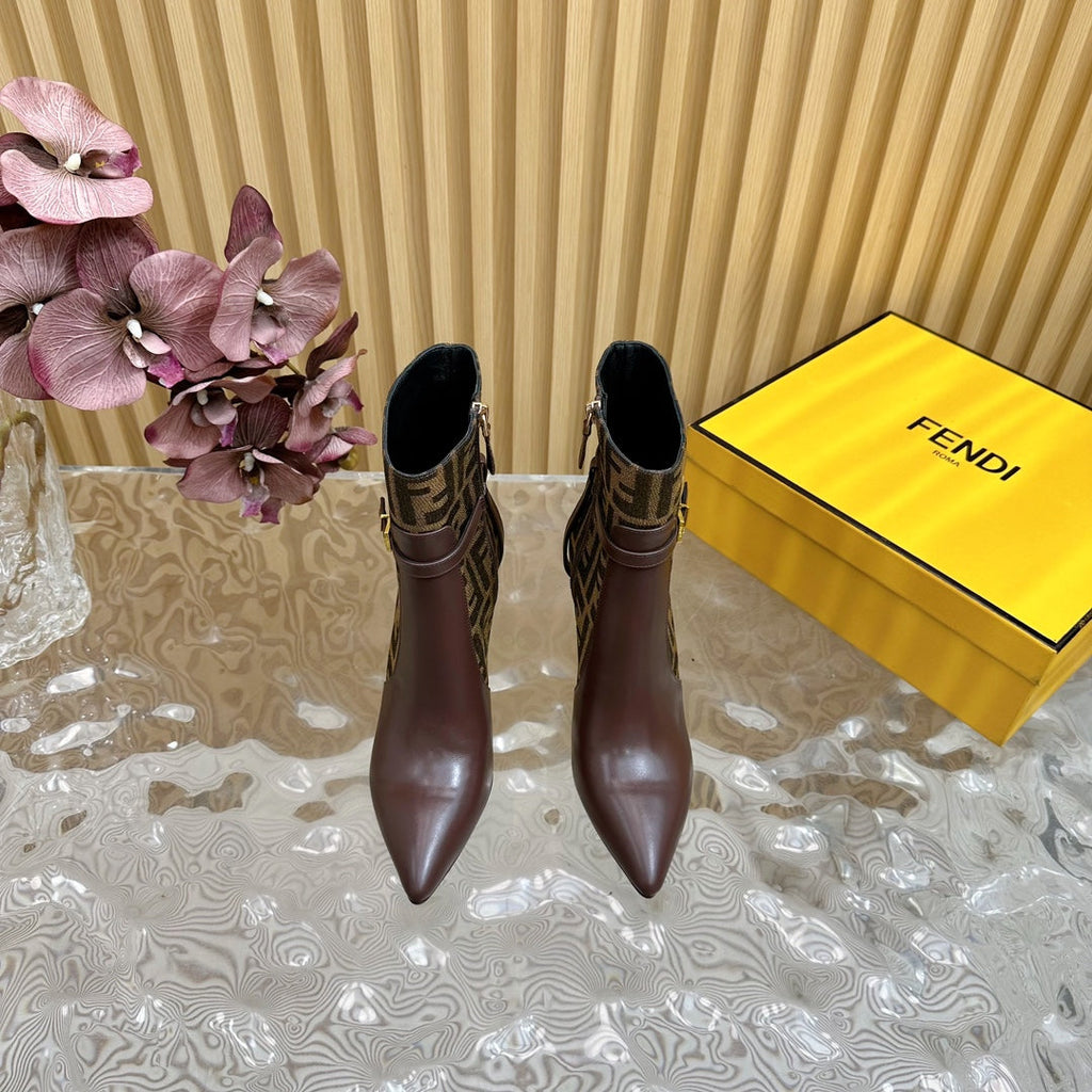 FF BOOTIES BOOTS IN SANGRIA CALFSKIN AND MONOGRAM FF FABRIC