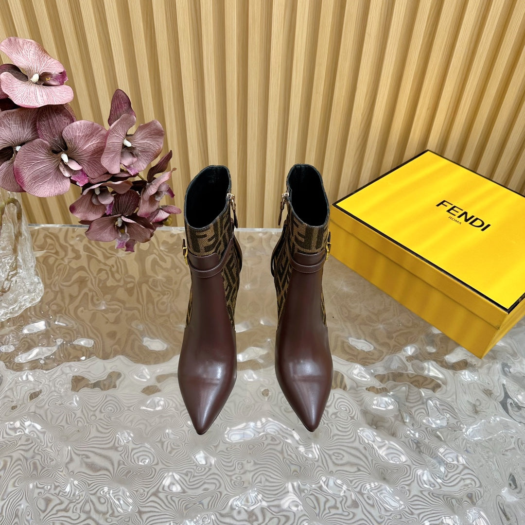 FF BOOTIES BOOTS IN SANGRIA CALFSKIN AND MONOGRAM FF FABRIC