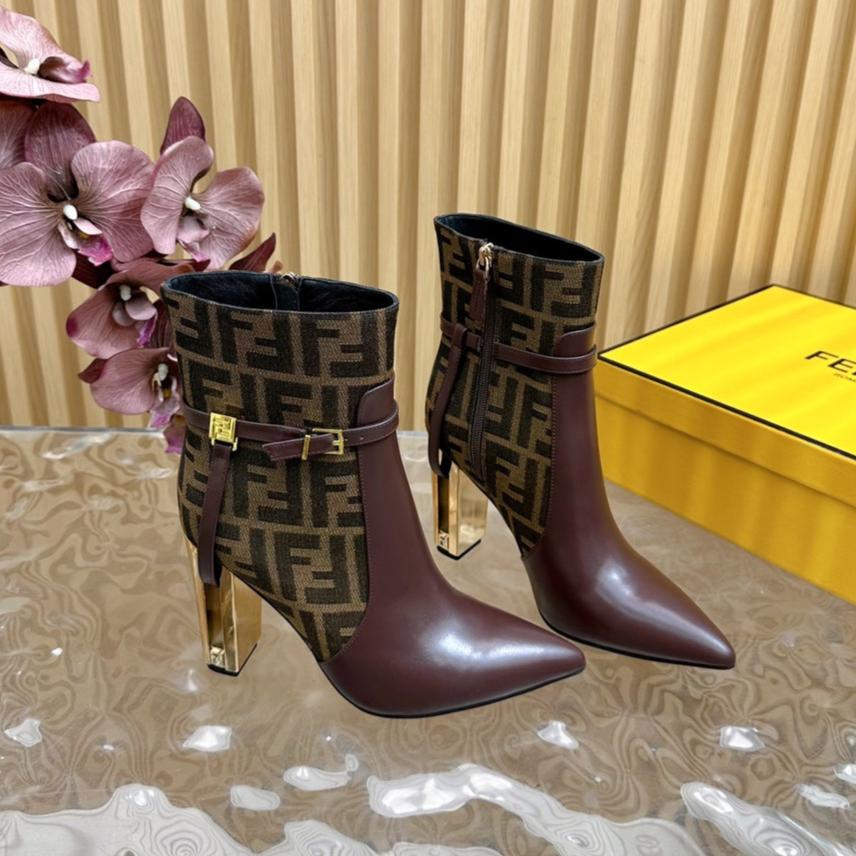 FF BOOTIES BOOTS IN SANGRIA CALFSKIN AND MONOGRAM FF FABRIC