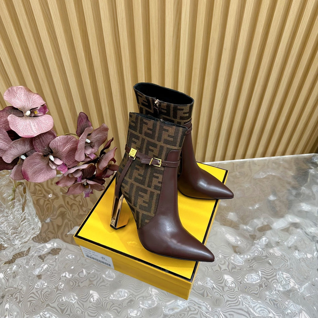 FF BOOTIES BOOTS IN SANGRIA CALFSKIN AND MONOGRAM FF FABRIC