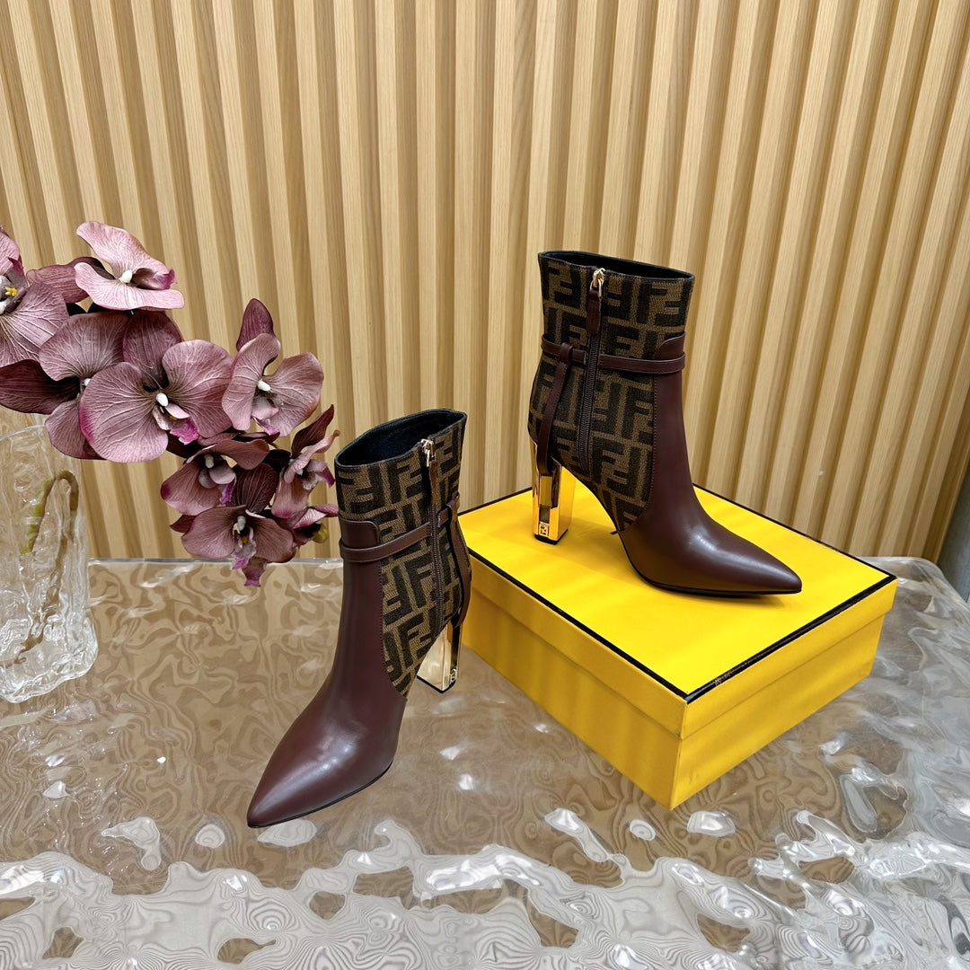 FF BOOTIES BOOTS IN SANGRIA CALFSKIN AND MONOGRAM FF FABRIC