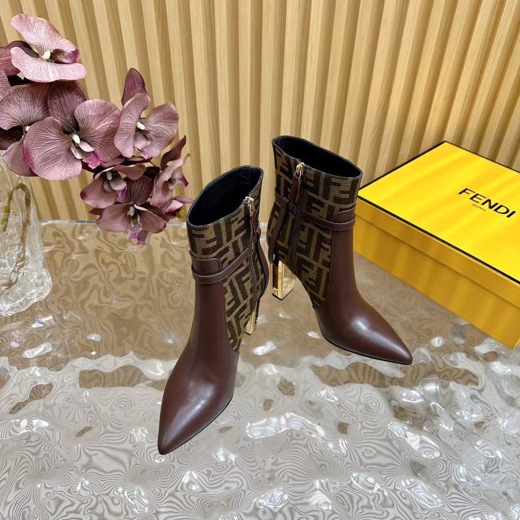 FF BOOTIES BOOTS IN SANGRIA CALFSKIN AND MONOGRAM FF FABRIC