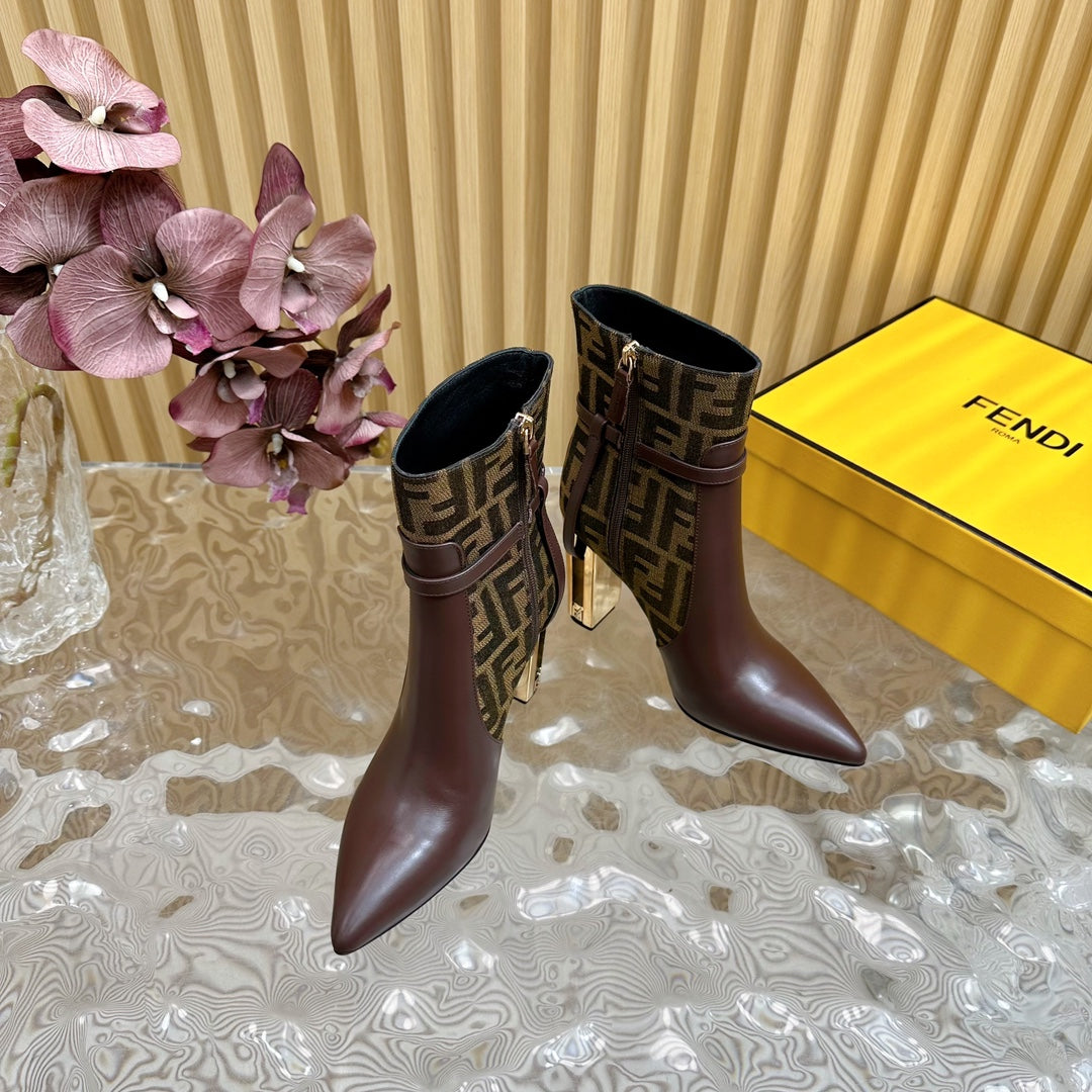 FF BOOTIES BOOTS IN SANGRIA CALFSKIN AND MONOGRAM FF FABRIC