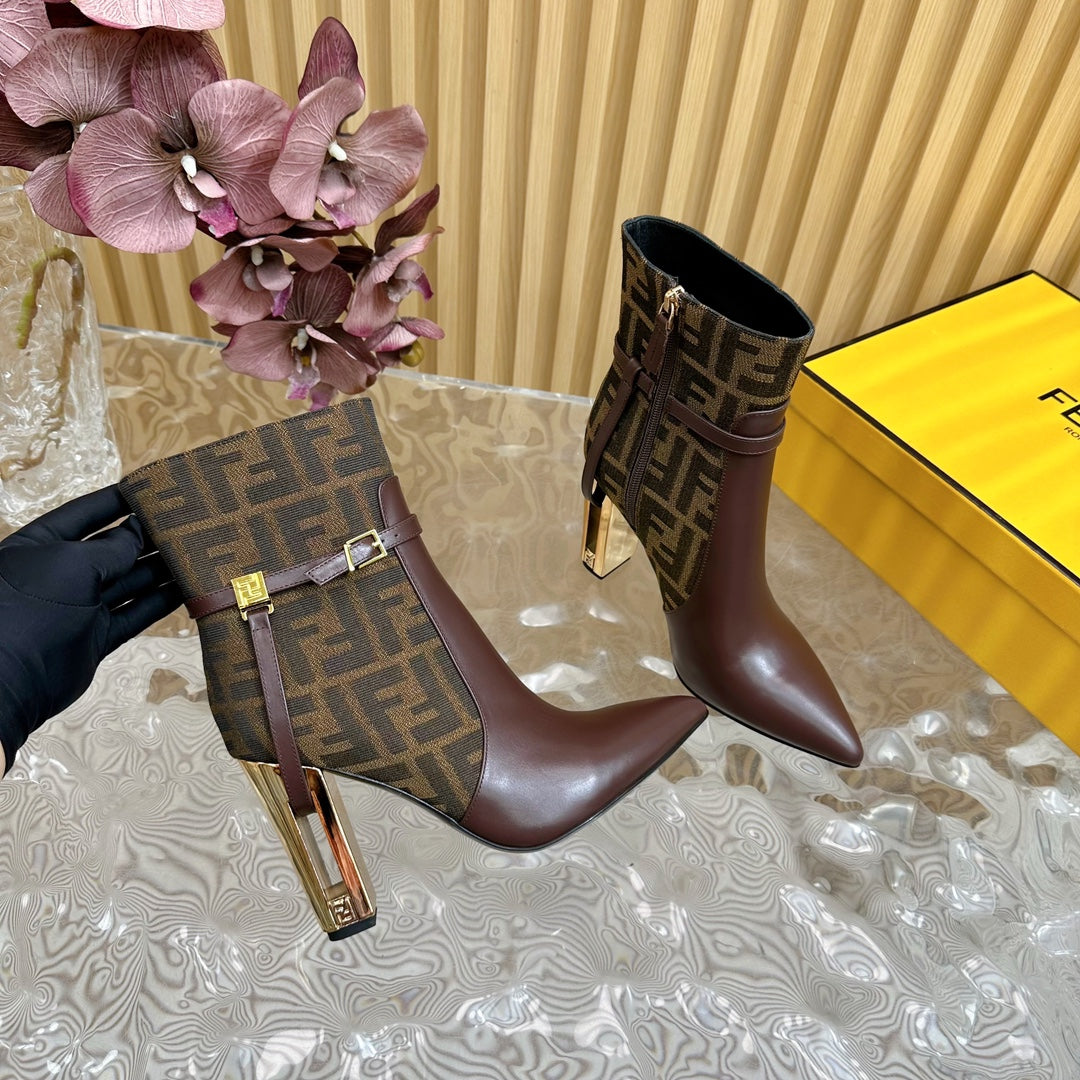 FF BOOTIES BOOTS IN SANGRIA CALFSKIN AND MONOGRAM FF FABRIC