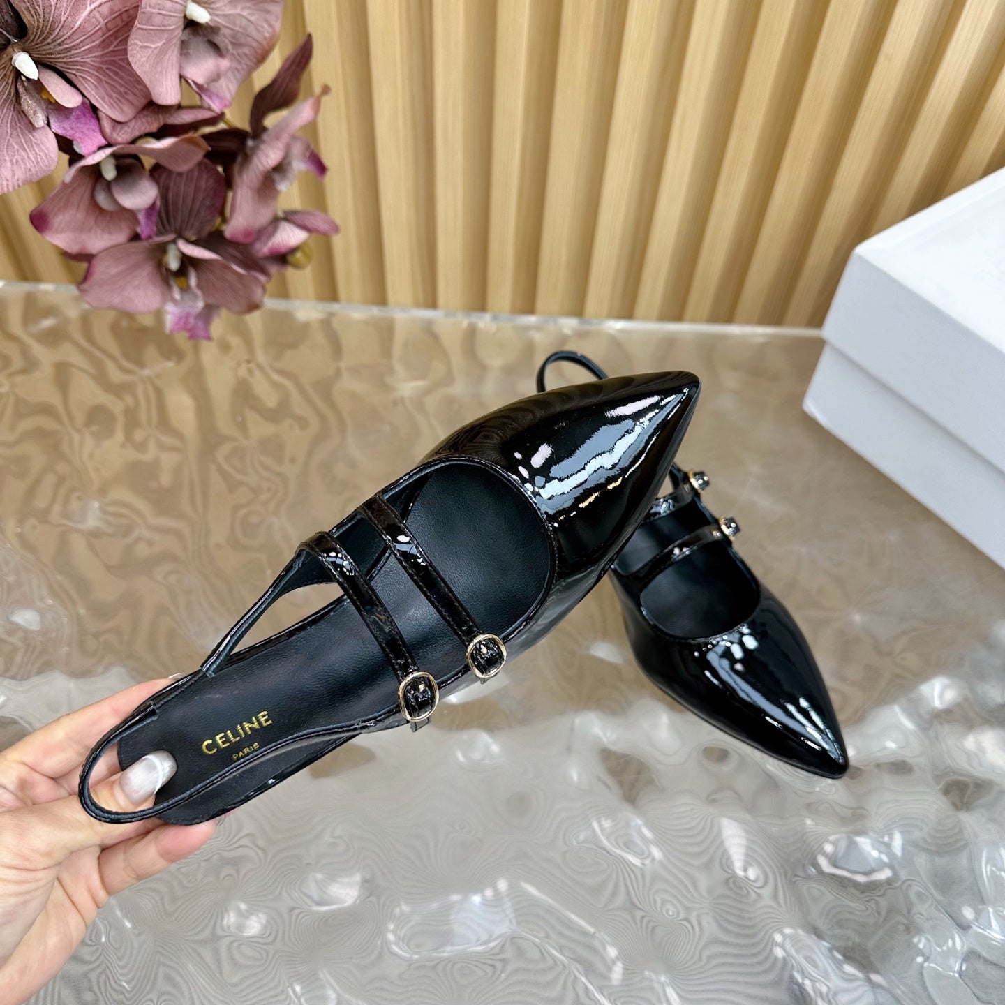 JUDY DOUBLE STRAP MARY JANE SLINGBACK 35MM IN BLACK PATENT CALFSKIN