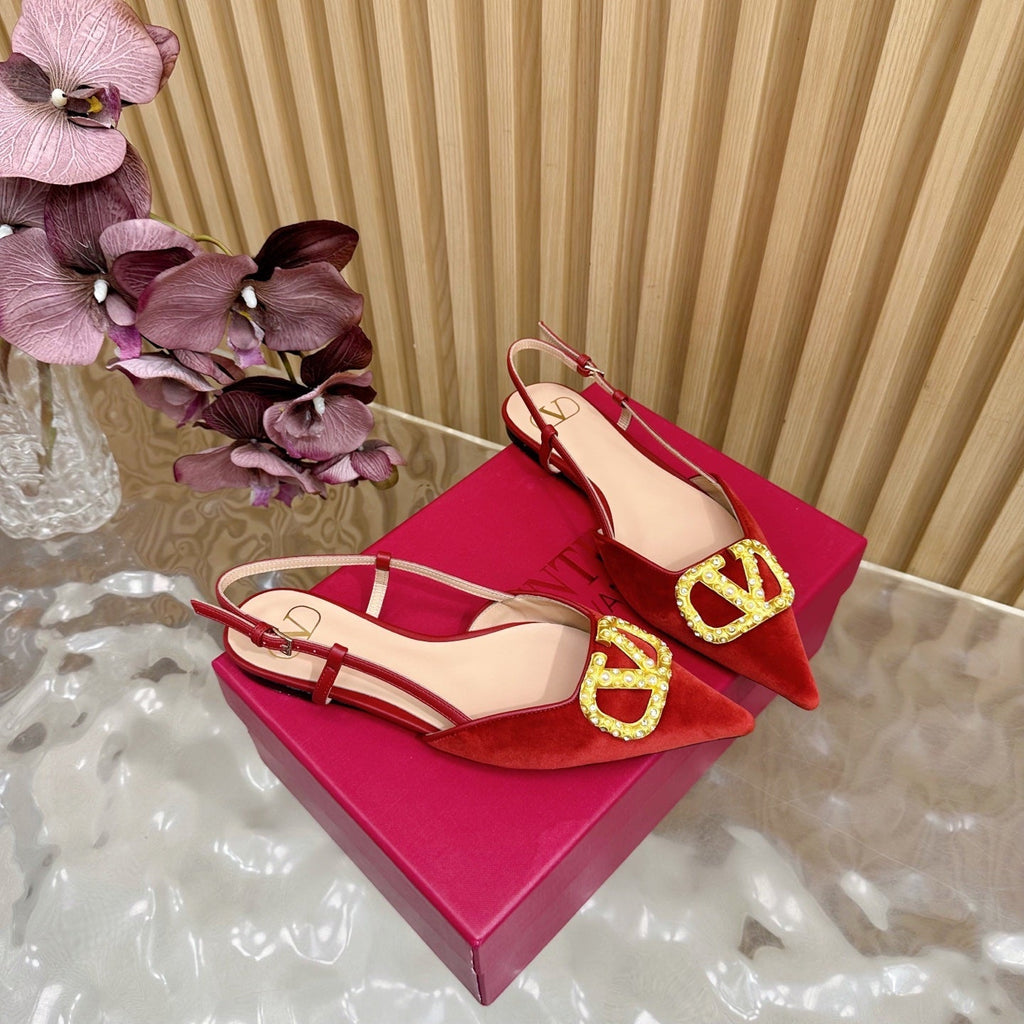 VALENTINO 25S FLAT SLINGBACKS IN RED VELVET WITH GOLD HARDWARE